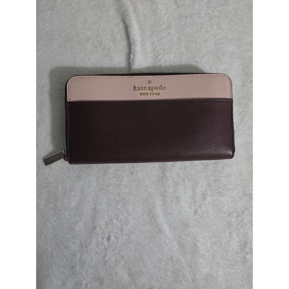 Kate Spade New York Two Tone Burgundy Blush Pink Leather Zip Around Wallet